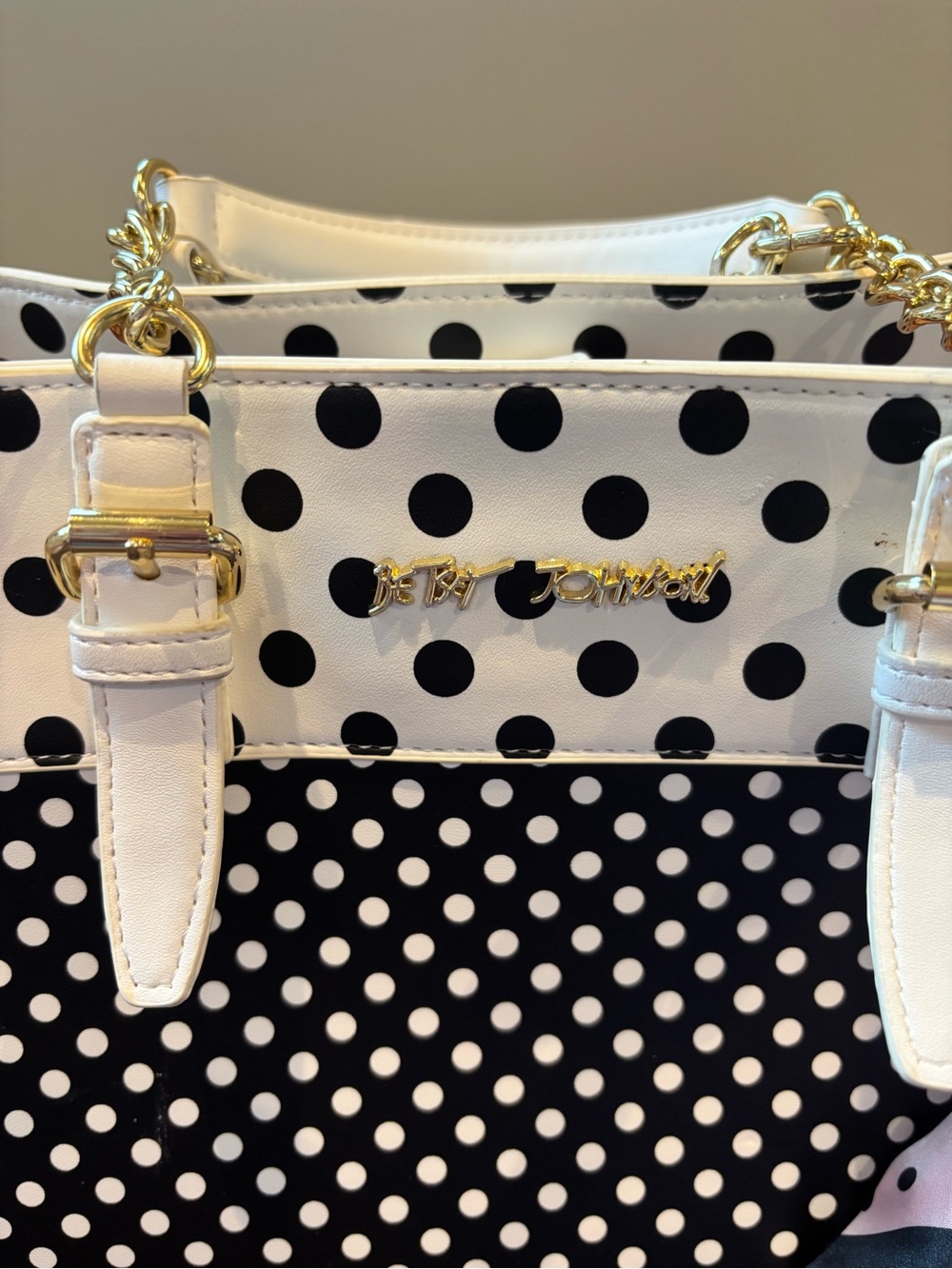 Betsey Johnson Black & White Polka Dot Tote with Pink Pom Charm - Picture 10 of 10